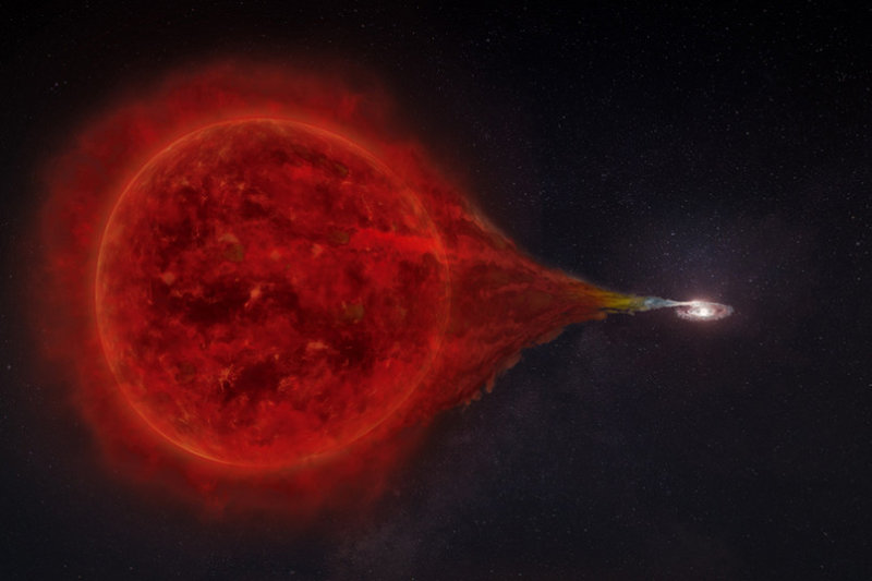 Künstlerische Darstellung des Transfers von Material von einem Roten Riesen zu einem Weißen Zwerg. So könnte auch RS Ophiuchi vor der Nova-Explosion ausgesehen haben.